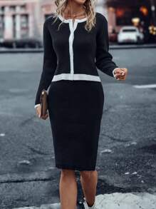 SHEIN Essnce 拼接邊開襟衫&吊帶毛衣洋裝 - 黑與白 - 查看 5