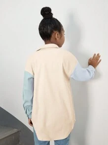 SHEIN 女大童撞色落肩袖燈芯絨大衣 - 卡其色 - 查看 2