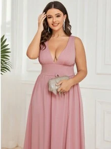 EVERPRETTY 大碼V領高衩伴娘連衣裙 - 藕粉色 - 查看 4