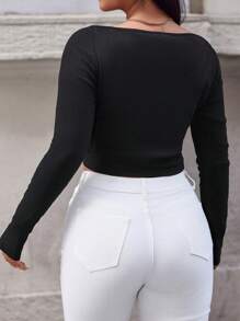 RueChic Plus Sweetheart Neck Ribbed Knit Tee - Black - View 2