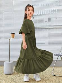 SHEIN Chica preadolescente Vestido de hombros caídos bajo con fruncido - Verde militar - Ver 3