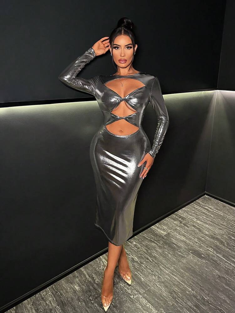 Cut Out Front Metallic Bodycon Dress
