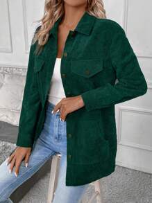 SHEIN LUNE Flap Pocket Button Front Corduroy Coat - Dark Green - View 1