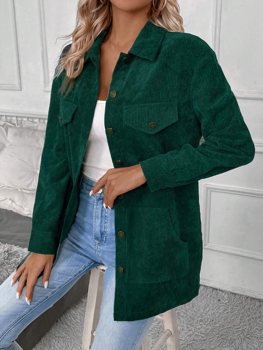 SHEIN LUNE Flap Pocket Button Front Corduroy Coat - Dark Green - View 1