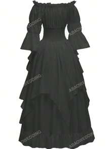 Off Shoulder Flounce Sleeve Ruffle Trim Ruffle Hem Dress