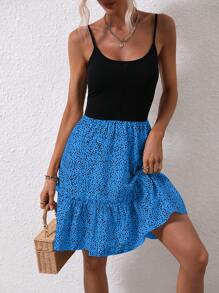 SHEIN VCAY Dalmatian Print Ruffle Hem Cami Dress - Blue - View 1