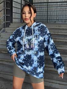 RueChic Tie Dye Butterfly & Letter Graphic Drop Shoulder Drawstring Hoodie - Dark Grey - View 4