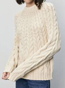 SHEIN Frenchy Solid Cable Knit Raglan Sleeve Sweater Winter Casual - Beige - View 3