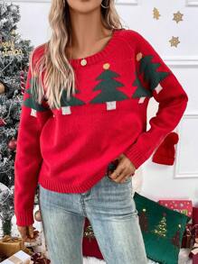 Chiquease Christmas Tree Pattern Drop Shoulder Knit Pullover Fall Winter Sweater - Red - View 5