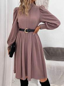SHEIN Clasi Mock Neck Lantern Sleeve Ribbed Knit Dress - Dusty Purple - View 3