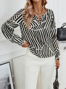 GENKIRA Bluse mit Streifen Muster, eingekerbtem Kragen, Laternenärmeln, - Verschiedenfarbig - Übersicht 4