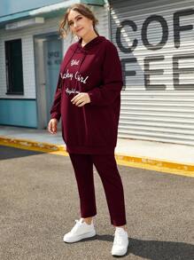 SHEIN Essnce Plus Slogan Graphic Drop Shoulder Drawstring Hoodie & Pants Set - Burgundy - View 5