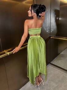 SHEIN SXY 前繫帶抹胸上衣&手帕下擺百褶半身裙 - 綠色 - 查看 2