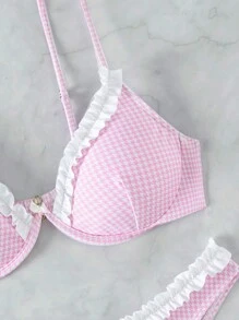 Swim Mod Summer Beach Gingham Frill Trim Underwire Bikini Set - Pink - View 7
