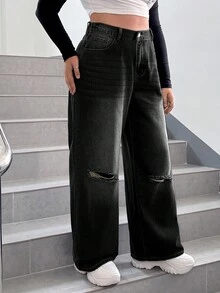 SHEIN ICON 大碼高腰破洞直筒牛仔褲 - 黑色 - 查看 3