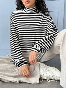 SHEIN EZwear In sọc Cổ giả Áo thun Thả vai - màu đen - Xem 1