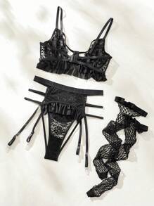 SHEIN Blumenspitze, Bügel, Strumpfband, Dessous Set mit mit 1 Paar Beinring - Schwarz - Übersicht 2