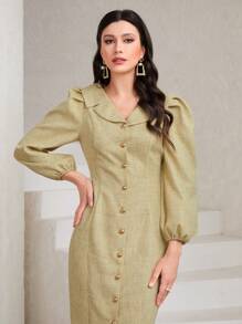 Modelyn Robe Unicolore À Bouton Manches Bouffantes