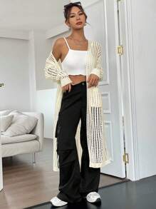 SHEIN Unity Drop Shoulder Open Knit Cardigan - Beige - View 7