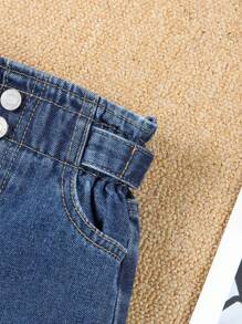 Baby Girl Casual Washed Denim Jeans With Paper Bag Waist & Tapered Leg - Dark Wash - View 5