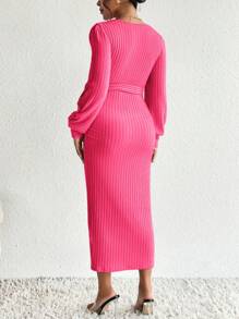 SHEIN Maternity Scoop Neck Lantern Sleeve Belted Dress - Hot Pink - View 2