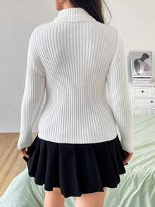 Flirla 大碼素色高領條紋針織套頭毛衣 - 白色 - 查看 2