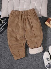 SHEIN Young Boy Slant Pocket Thermal Lined Corduroy Pants - Khaki - View 4