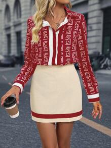 SHEIN Clasi Letter Graphic Shirt & Skirt - Burgundy - View 5