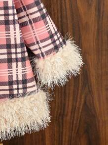 SHEIN 女小童格紋圖案毛茸邊開門襟外套無毛衣 - 粉色 - 查看 4