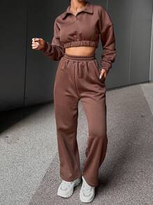 EURMUSE Drop Shoulder Crop Sweatshirt & Sweatpants - Brown - View 3