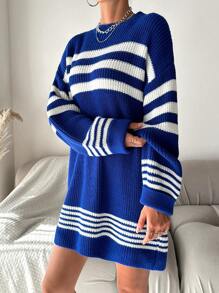 EURMUSE 條紋圖案落肩袖毛衣洋裝 - 藍色 - 查看 5