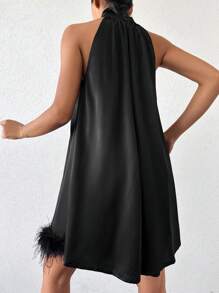 EURMUSE Fuzzy Trim Halter Neck Dress - Black - View 2