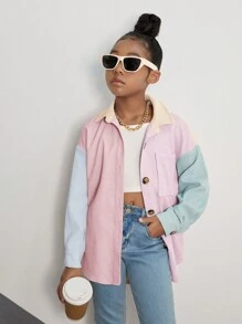 SHEIN 女大童撞色落肩袖燈芯絨大衣 - 卡其色 - 查看 6