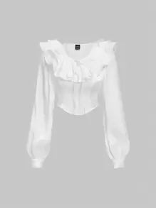 SHEIN MOD Ruffle Trim Lantern Sleeve Crop Blouse - White - View 1