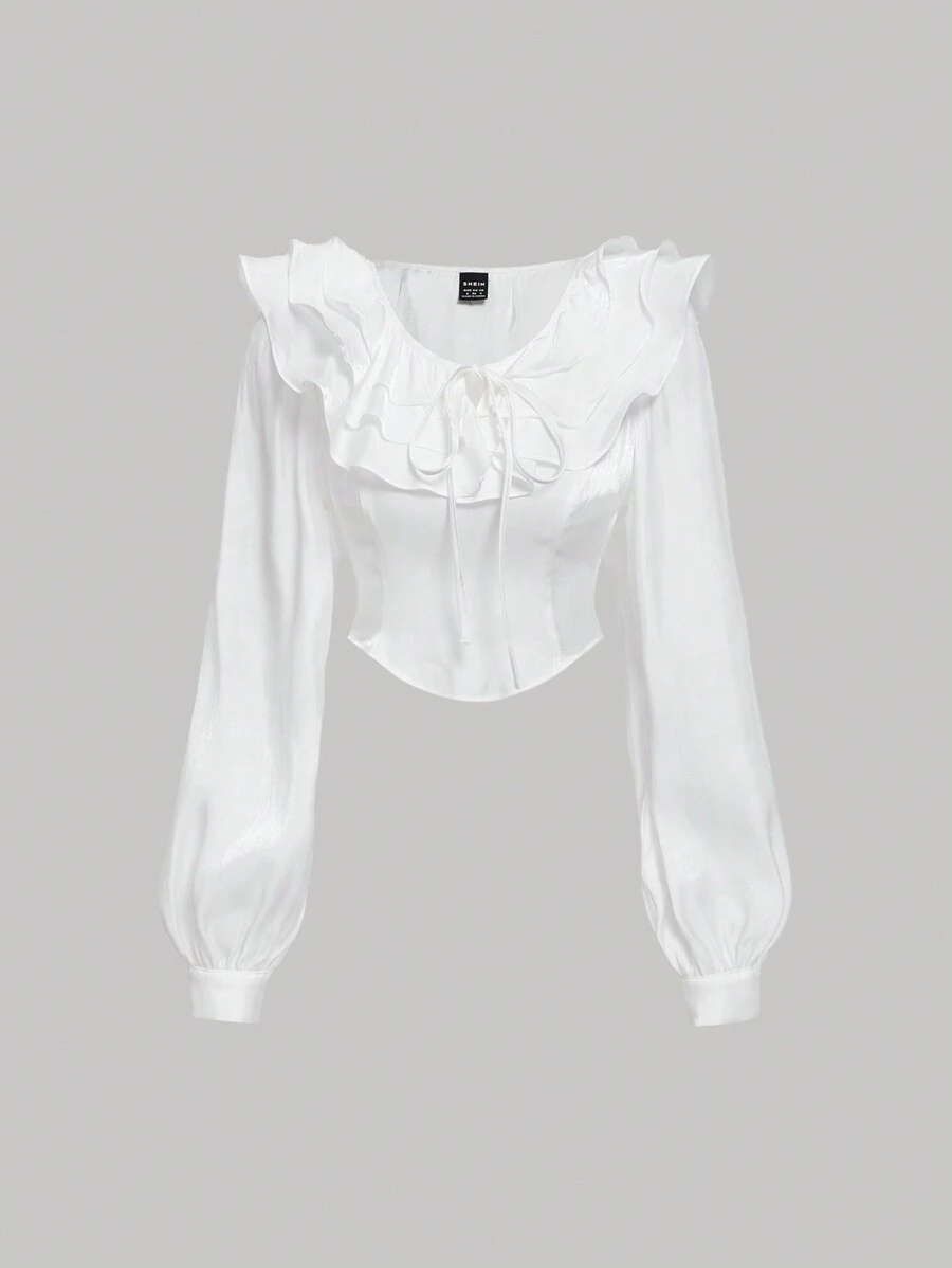 SHEIN MOD Ruffle Trim Lantern Sleeve Crop Blouse - White - View 1