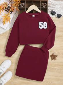 SHEIN 女大童字母貼布落肩袖套頭衫&半身裙 - 酒紅色 - 查看 1