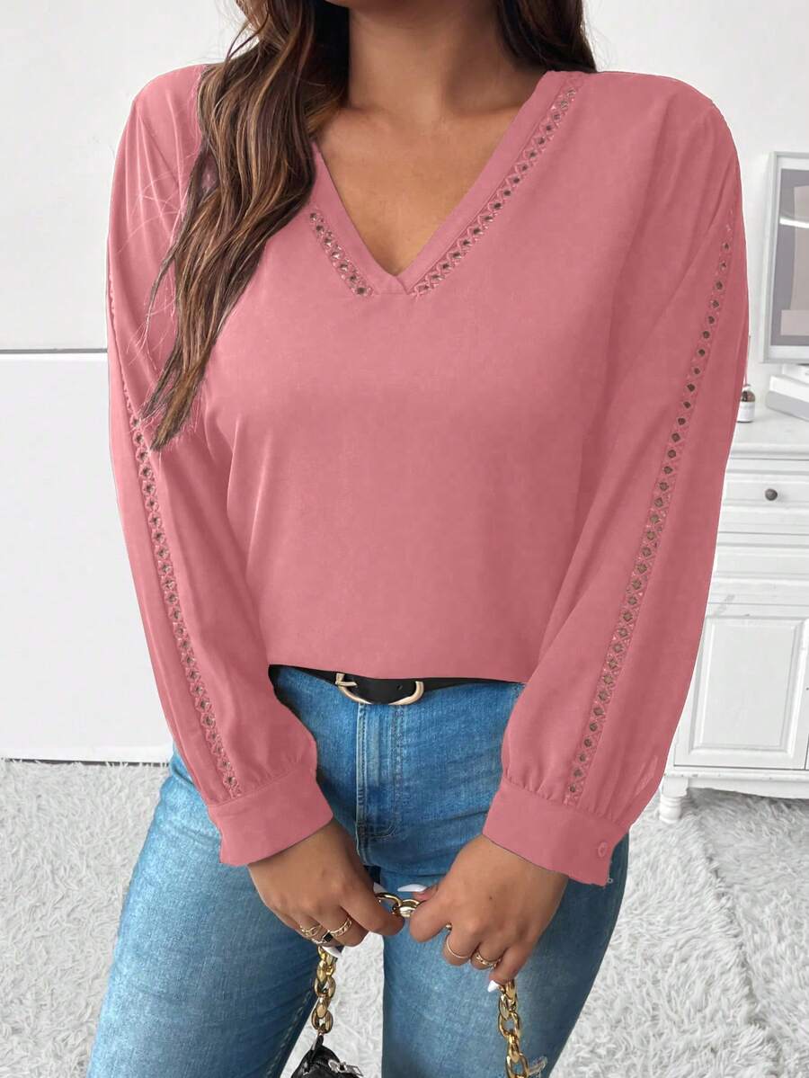 Calvaya 大碼素色V領襯衫 - 粉色 - 查看 1