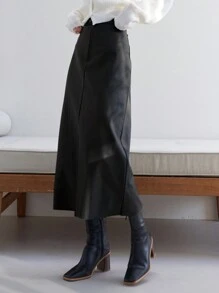 Dazy-Less Hoher Bund Spaltrock aus PU-Leder im Old Money Stil, Business Lässig Arbeitskleidung für Frauen, Herbst/Winter - Schwarz - Übersicht 6