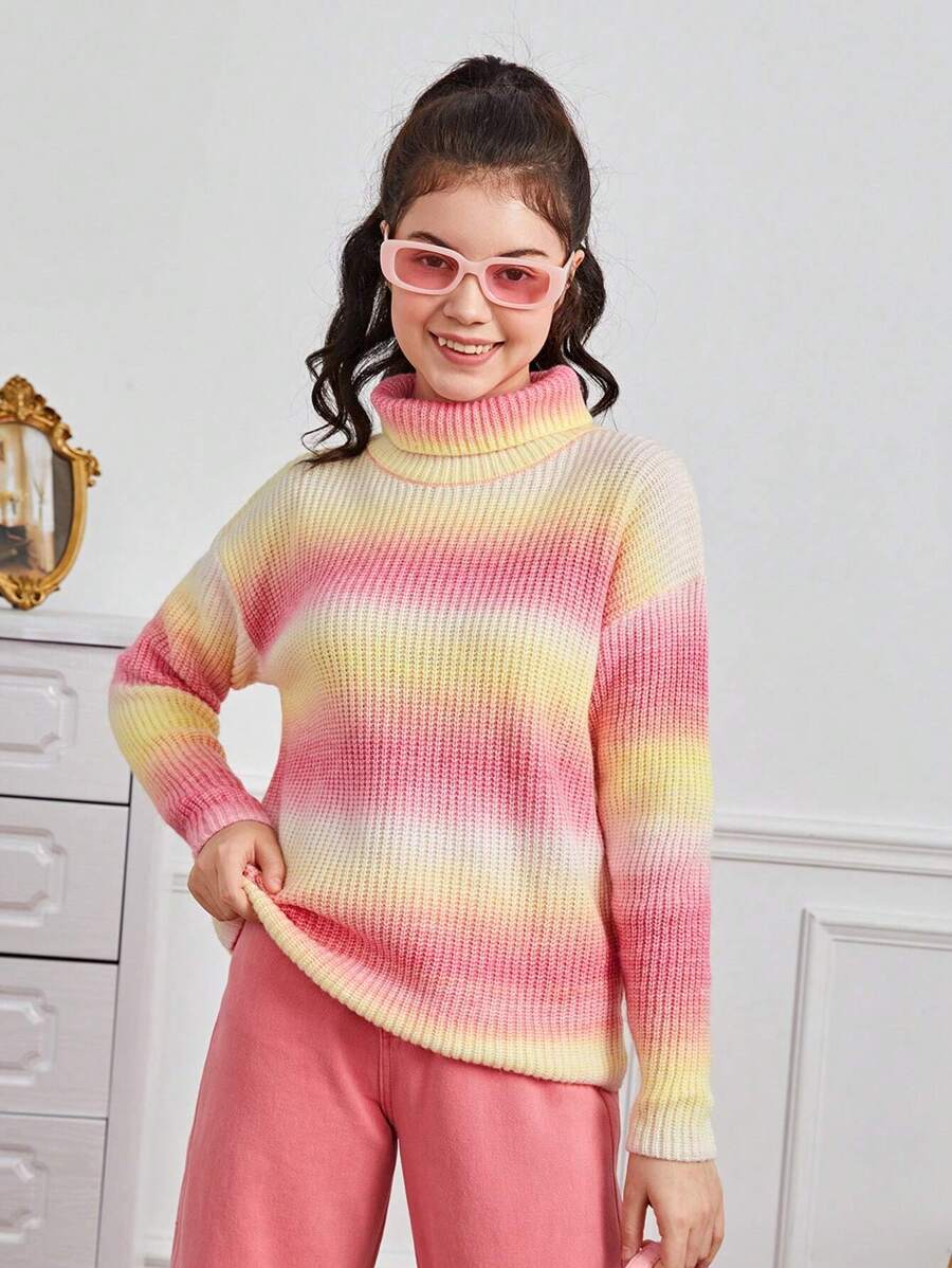 Teen Girl Ombre Turtleneck Drop Shoulder Sweater - Orange - View 1