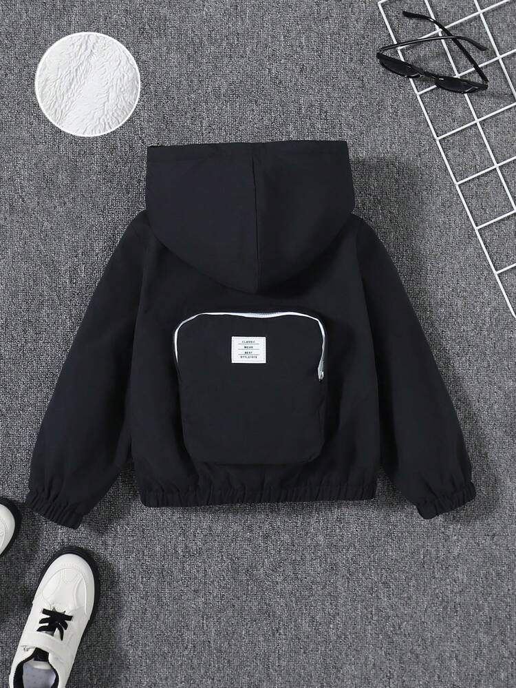 Young Boy Letter Patched 3D Pocket Detail Hooded Jacket