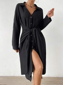 Chiquease Tay áo cuộn Nút phía trước Váy sơ mi - màu đen - Xem 5