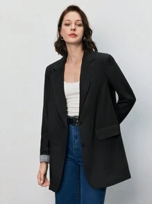 SHEIN Frenchy 格紋袖口單排釦西裝外套 - 黑色 - 查看 7