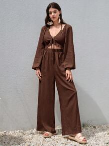 Bohemela 前繫帶燈籠袖闊腿連體褲 - 摩卡棕 - 查看 6