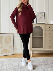SHEIN 孕婦寬鬆高領套頭衫套頭毛衣帶長袖適用於休閒穿戴 - 酒紅色 - 查看 3