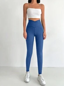 SHEIN Cottnline Solid V Waist Leggings - Blue - View 3