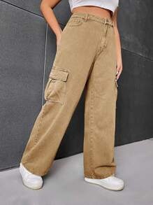 SHEIN EZwear Plus Flap Pocket Side Cargo Jeans - Khaki - View 3