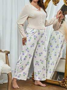 Plus Floral Print Lettuce Trim PJ Set / Pajama Set - Multicolor - View 4