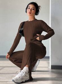 Flirla Solid Sweater & Drawstring Waist Knit Pants