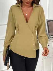 Chiquease Solid Button Front Shirt - Khaki - View 1