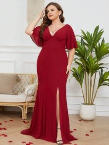 Vestido de manga mariposa de muslo con abertura de gasa - Burdeos - Ver 7